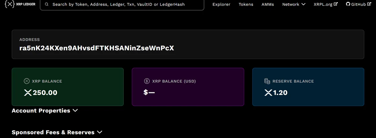 XRPL explorer with a sample address showing XRP balance and reserve balance in separate tiles