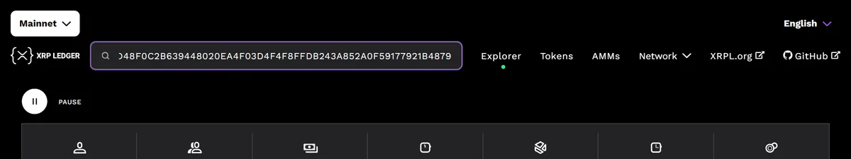Search field of the XRPL explorer on livenet.xrpl.org with a pasted transaction hash