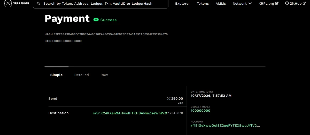 Successful XRP payment in the explorer with status Success, amount and a destination address with destination tag
