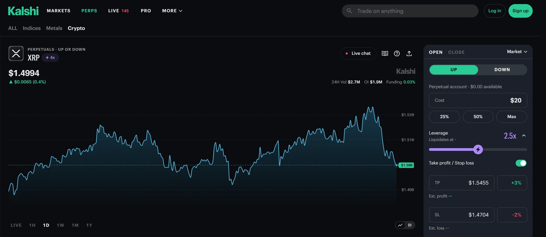 Kalshi XRP perpetual futures market: price chart and order panel with Up and Down buttons, cost and leverage slider