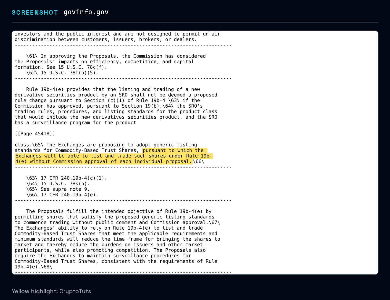 Screenshot of the order from Federal Register with the passage highlighted in yellow: “pursuant to which the Exchanges will be able to list and trade such shares under Rule 19b- 4(e) without Commission approval of each individual proposal.”