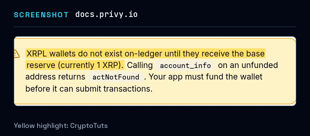 Screenshot of the documentation page from Privy Docs with the passage highlighted in yellow: “XRPL wallets do not exist on-ledger until they receive the base reserve (currently 1 XRP).”