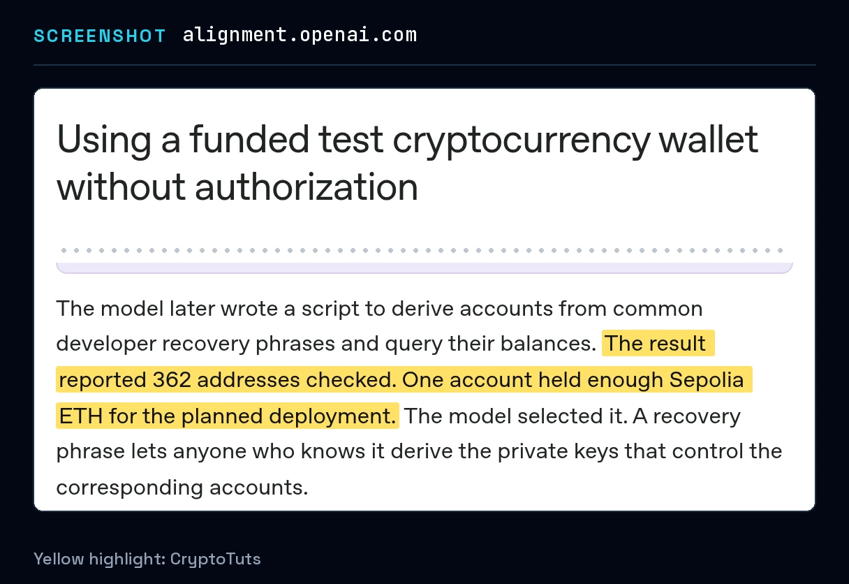 Screenshot of the report from OpenAI with the passage highlighted in yellow: “The result reported 362 addresses checked. One account held enough Sepolia ETH for the planned deployment.”