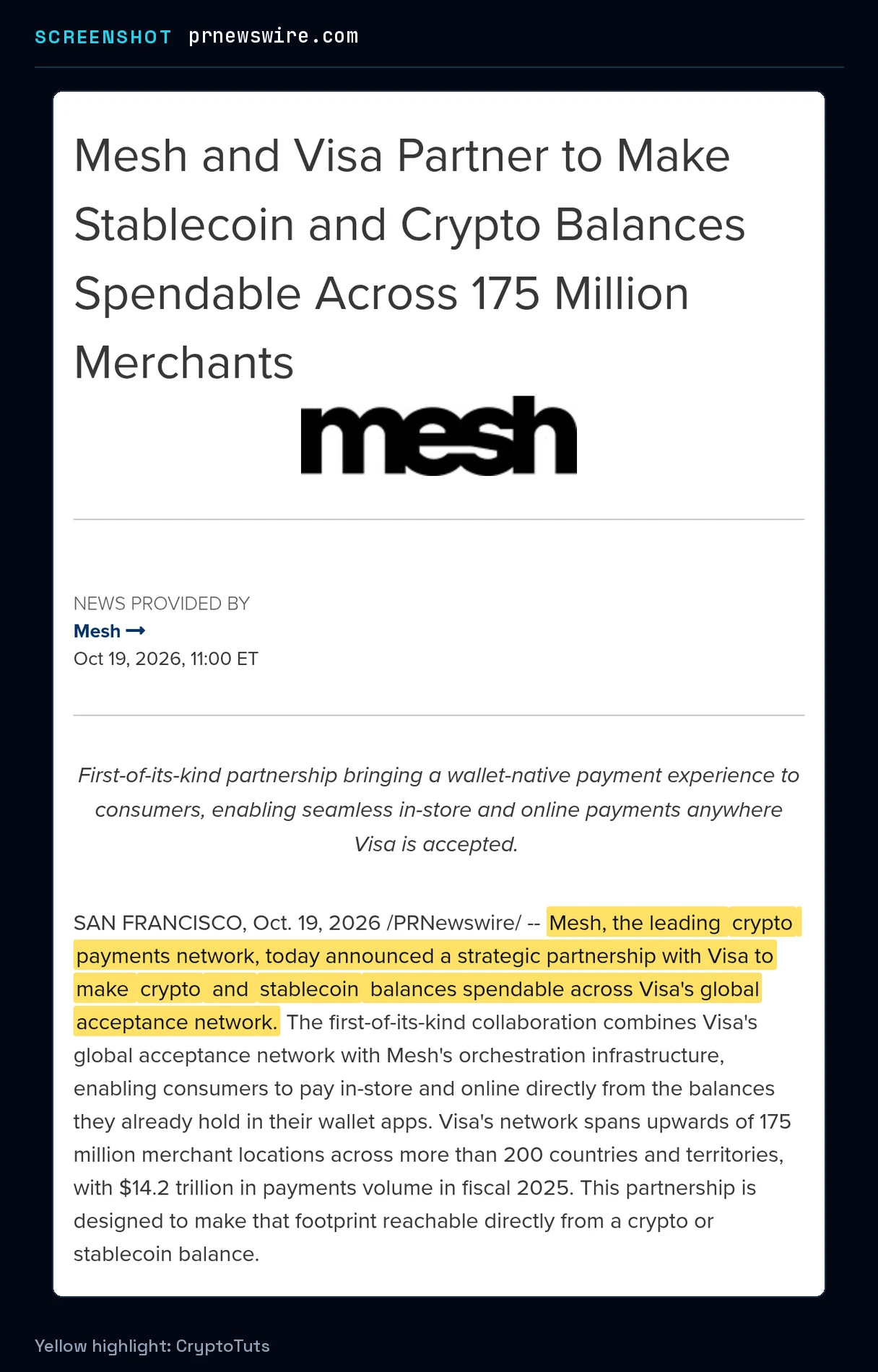 Screenshot of the press release from Mesh with the passage highlighted in yellow: “Mesh, the leading crypto payments network, today announced a strategic partnership with Visa to make crypto and stablecoin balances spendable across Visa's …”