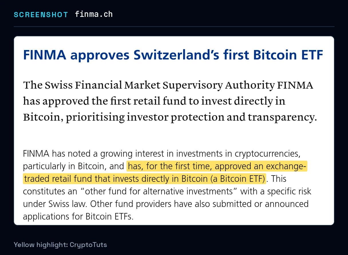 Screenshot of the press release from Eidgenössische Finanzmarktaufsicht FINMA with the passage highlighted in yellow: “has, for the first time, approved an exchange-traded retail fund that invests directly in Bitcoin (a Bitcoin ETF)”