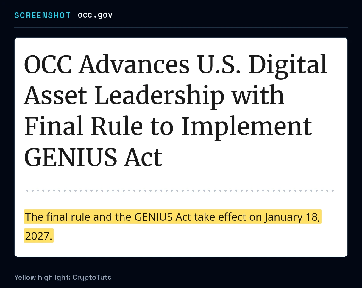 Screenshot of the press release from Office of the Comptroller of the Currency with the passage highlighted in yellow: “The final rule and the GENIUS Act take effect on January 18, 2027.”