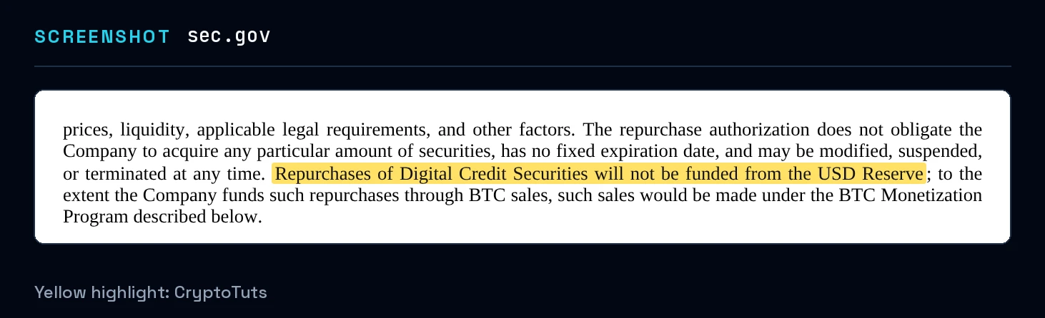 Screenshot of the filing from U.S. Securities and Exchange Commission with the passage highlighted in yellow: “Repurchases of Digital Credit Securities will not be funded from the USD Reserve”