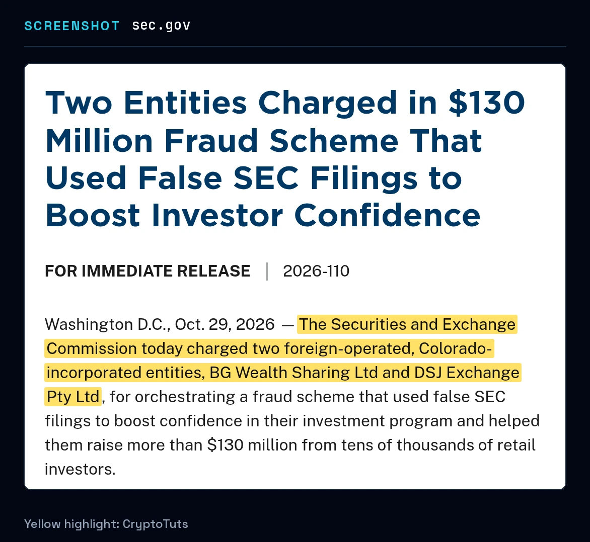 Screenshot of the press release from U.S. Securities and Exchange Commission with the passage highlighted in yellow: “The Securities and Exchange Commission today charged two foreign-operated, Colorado-incorporated entities, BG Wealth Sharing Ltd and DSJ Exchange Pty Ltd”