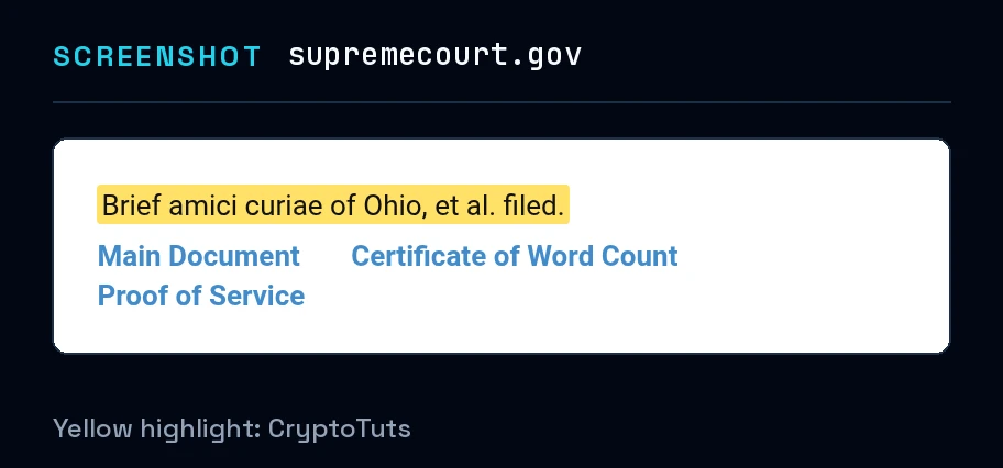Screenshot of the docket from Supreme Court of the United States with the passage highlighted in yellow: “Brief amici curiae of Ohio, et al. filed.”