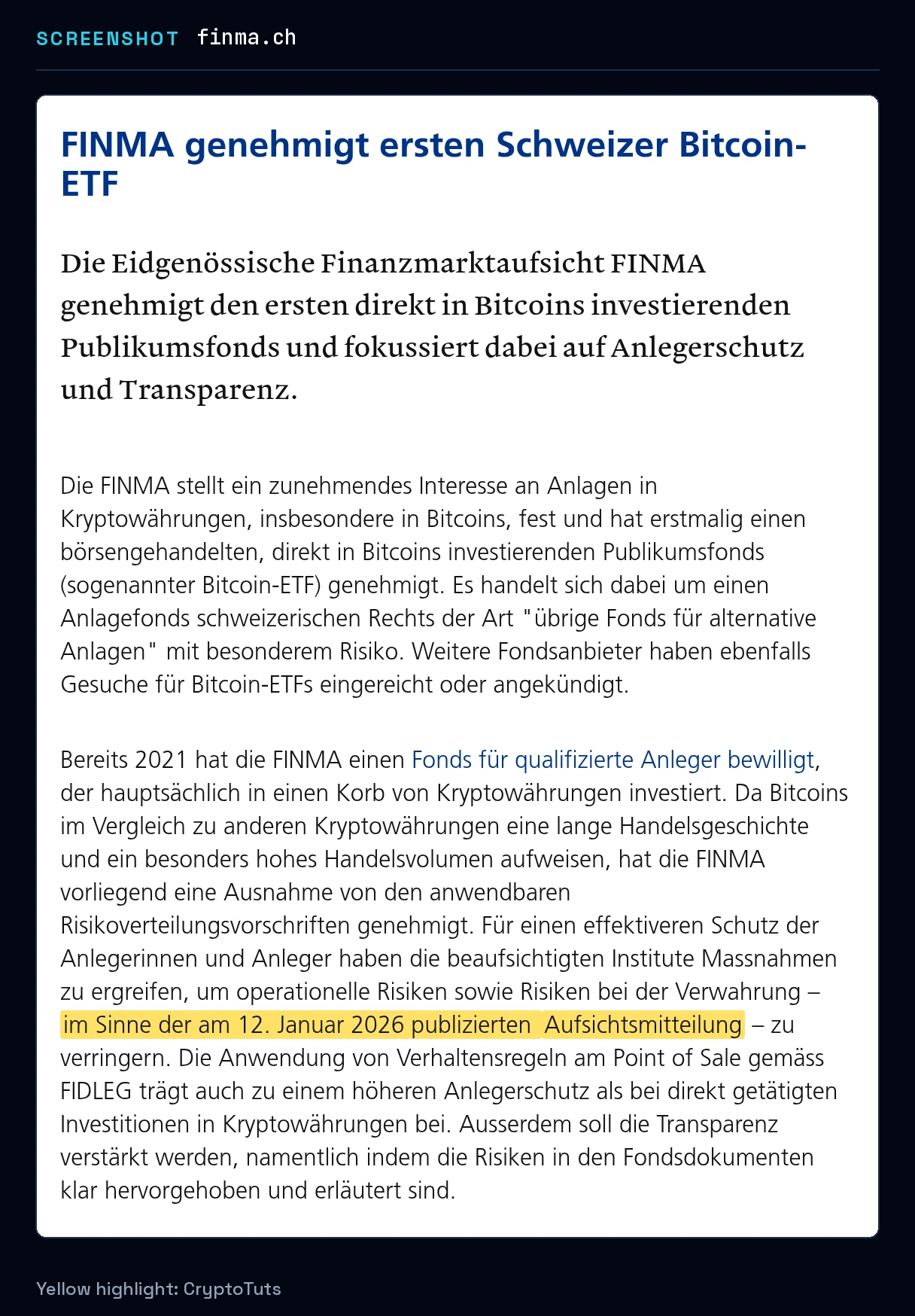 Screenshot of the press release from Eidgenössische Finanzmarktaufsicht FINMA with the passage highlighted in yellow: “im Sinne der am 12. Januar 2026 publizierten Aufsichtsmitteilung”