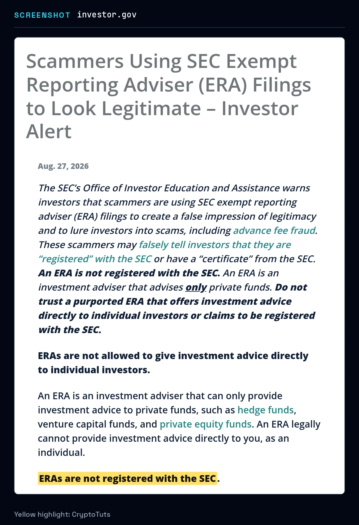 Screenshot of the investor alert from Investor.gov with the passage highlighted in yellow: “ERAs are not registered with the SEC”