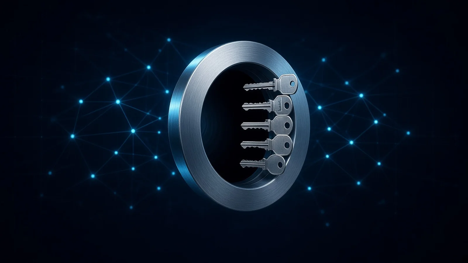 Four silver keys inserted into one brushed steel vault door lock on a dark navy ground, standing for four existing partners investing in OKX at a $25 billion pre-money valuation, with the cash amounts left undisclosed.
