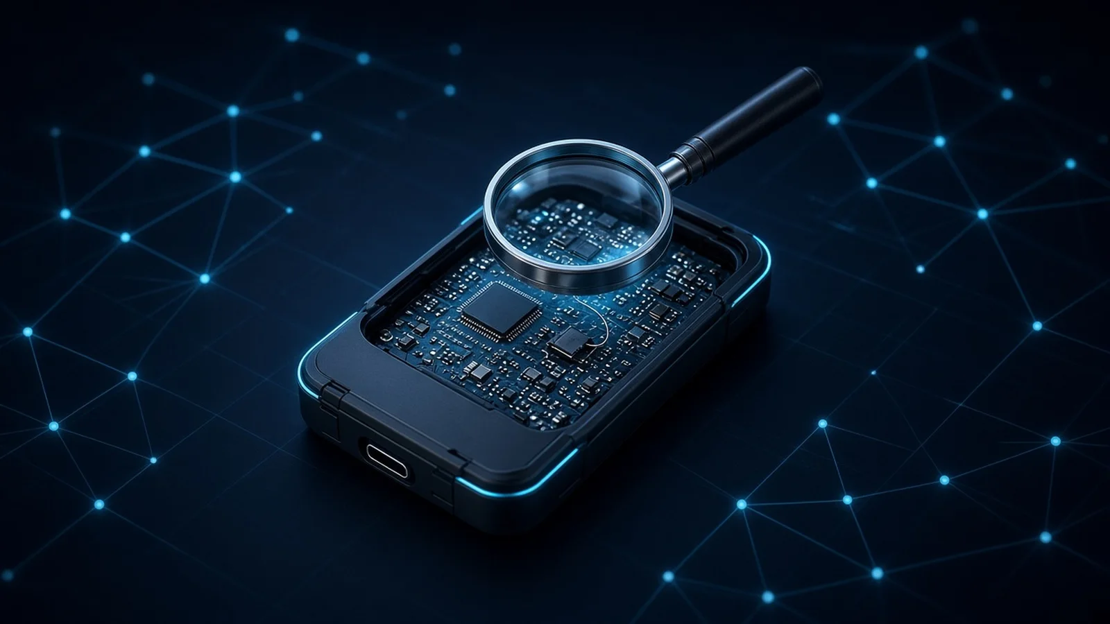 Close-up of an opened hardware wallet on a dark surface, with a magnifying glass over its circuit board showing a small extra chip and thin wire soldered beside the original secure chip.