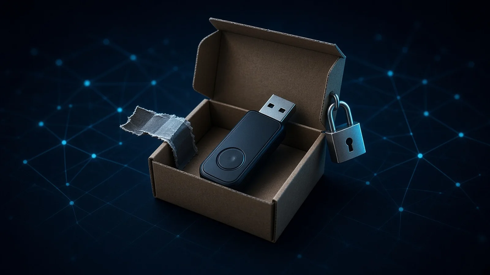 Dark navy cover scene: a black hardware wallet sits in an opened cardboard shipping box with a torn tamper seal, lit by a soft cyan rim light, with a faint network of thin lines in the background.