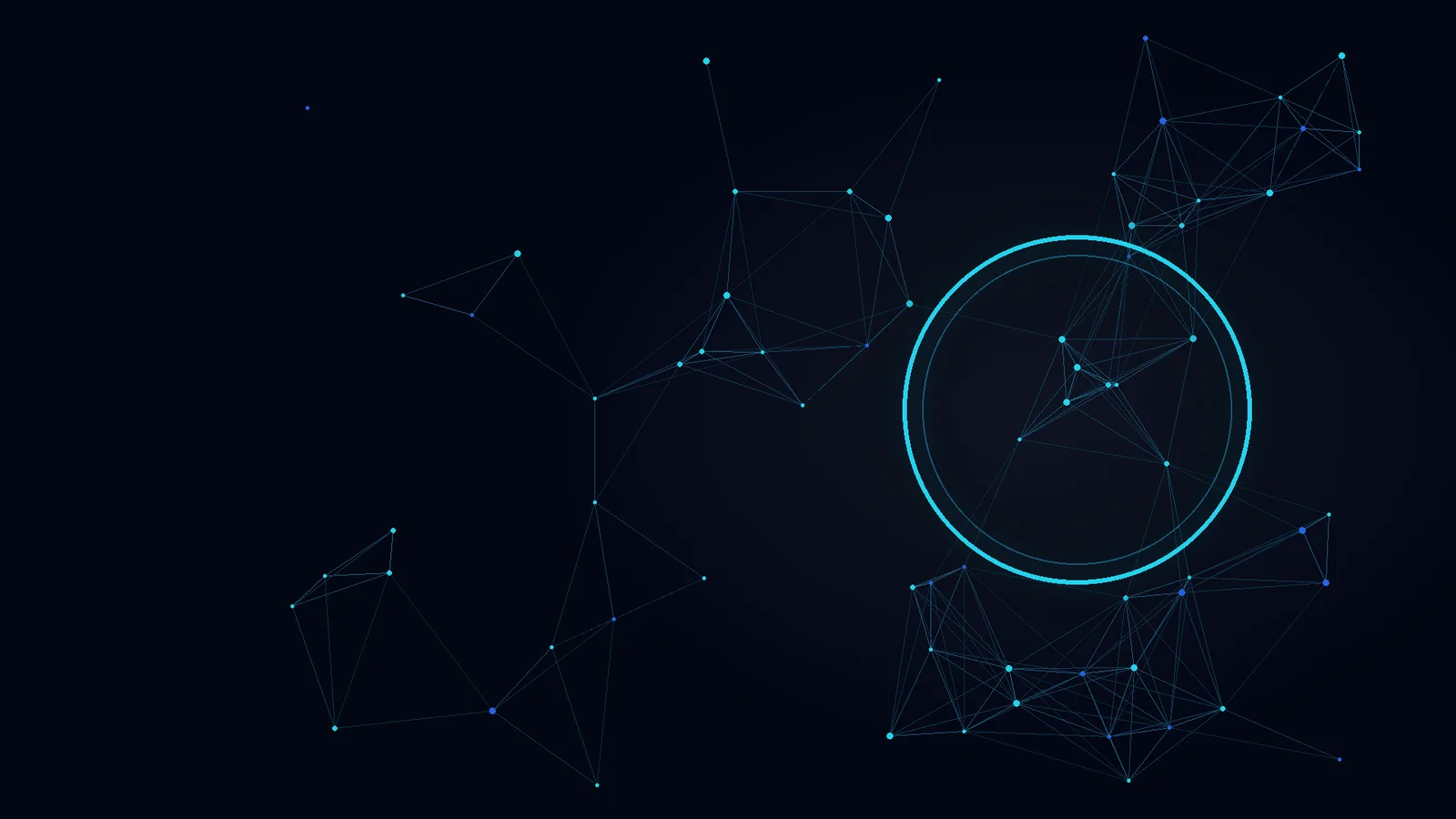 Illustration: a cyan network with a glowing ring on a dark background