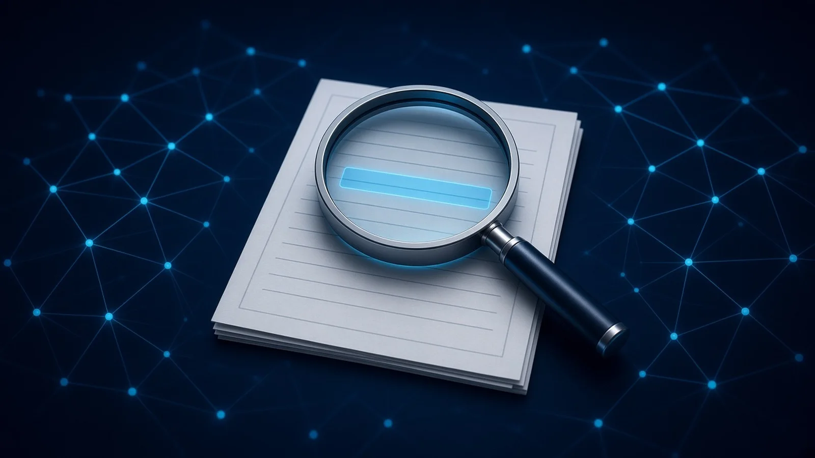 Dark editorial scene of a magnifying glass over a printed list sheet with one row highlighted in cyan, standing for MSCI's Nov. 11 final list that will show whether Strategy is removed from its indexes.