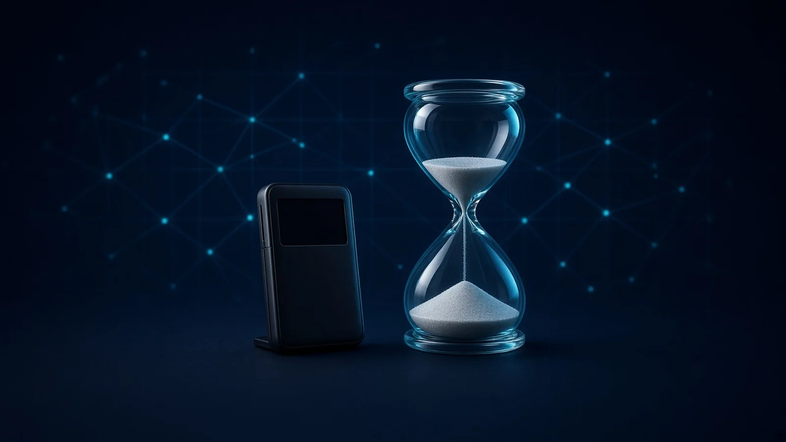 Dark navy scene of a small hardware wallet beside a glowing hourglass with sand running out, suggesting Ledger's 90-day window and the question of who falls inside it. No text, logos or people.