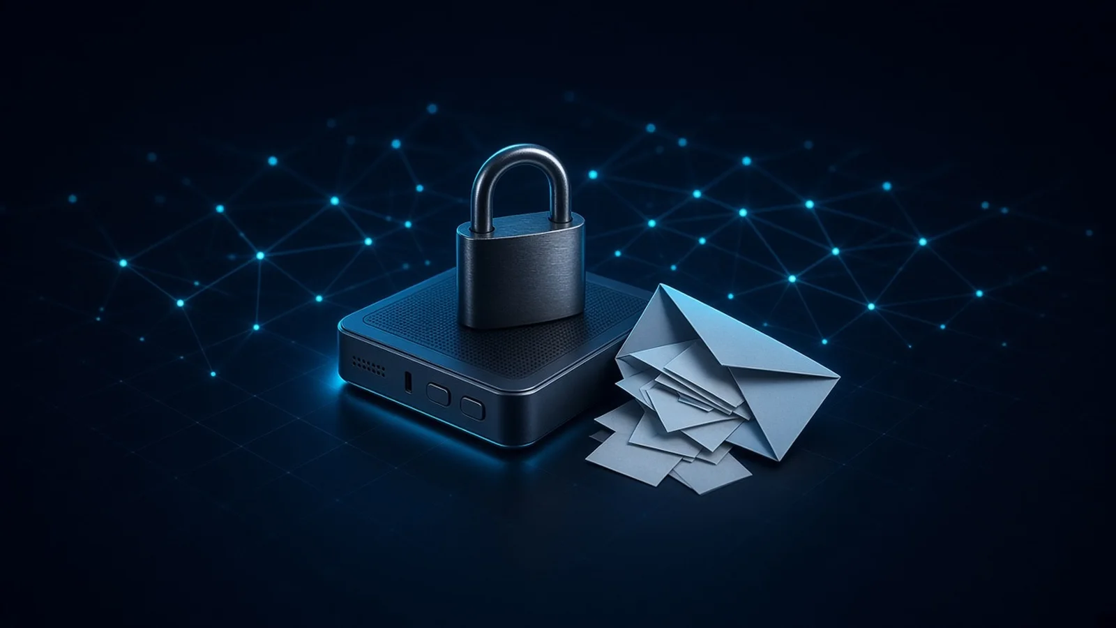 Illustration of a small cardboard shipping box with a printed address label peeled away, next to an intact offline hardware wallet device, showing that addresses were taken but the device and its recovery phrase were not.