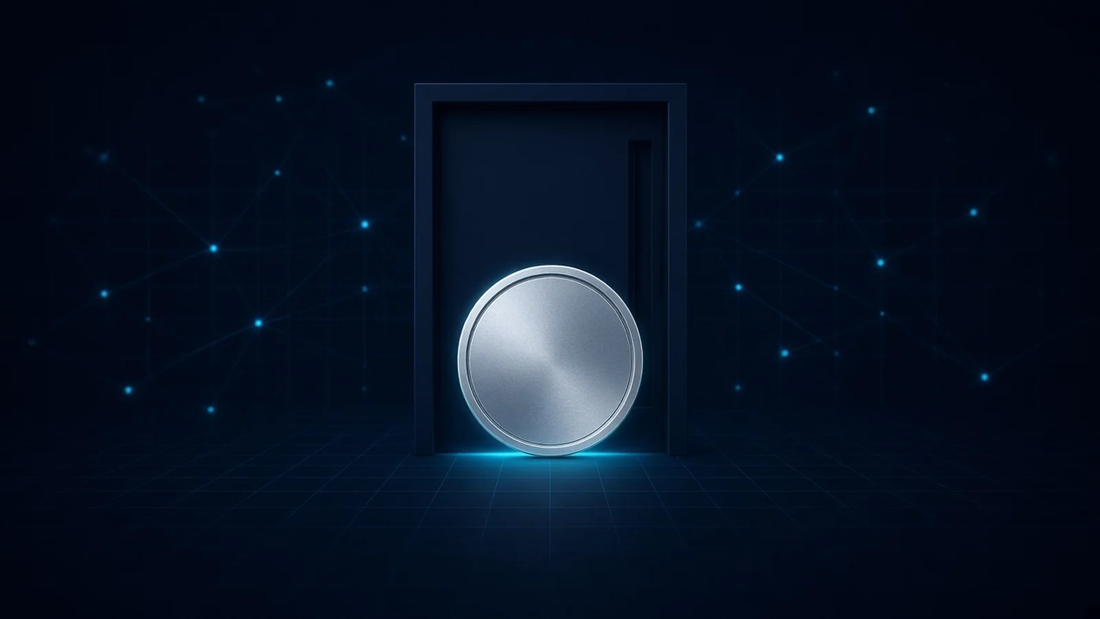 A silver RLUSD coin stands in front of a closed door, showing that the stablecoin is live elsewhere but not yet available in the Robinhood app. Dark navy background with cyan rim light.