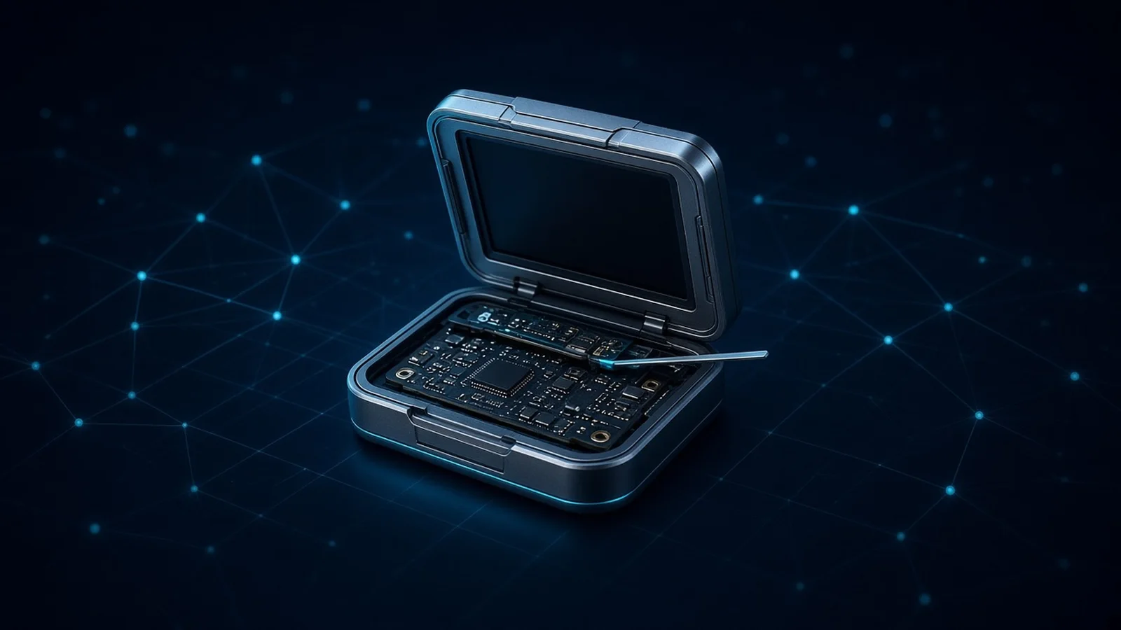 Dark editorial illustration of an opened hardware wallet with a small extra circuit board and thin antenna wedged between its main board and screen, lit with soft cyan rim light.